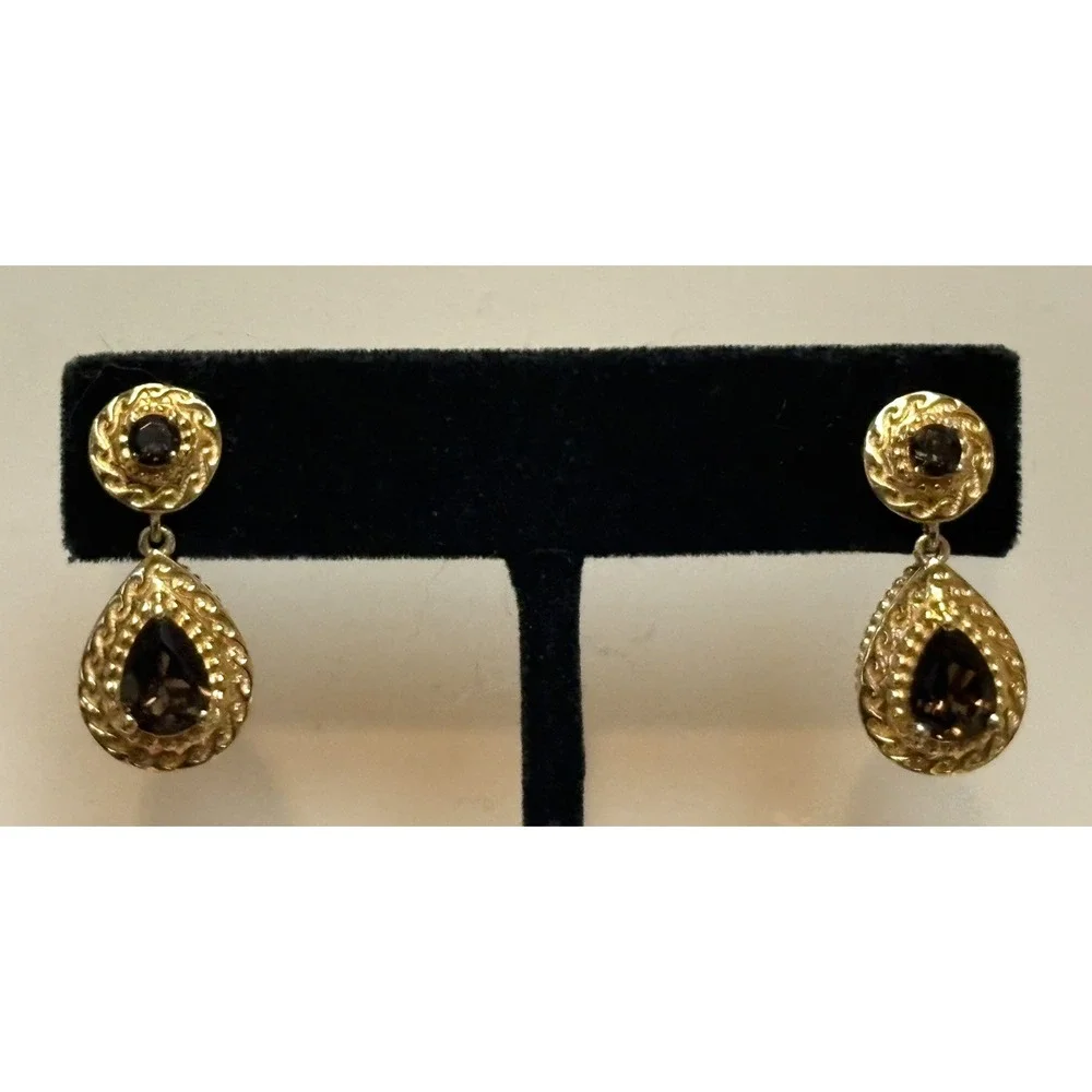 SIGNED SAJ VERMEIL STERLING SILVER BROWN SMOKEY TOPAZ STONES DANGLE EARRINGS